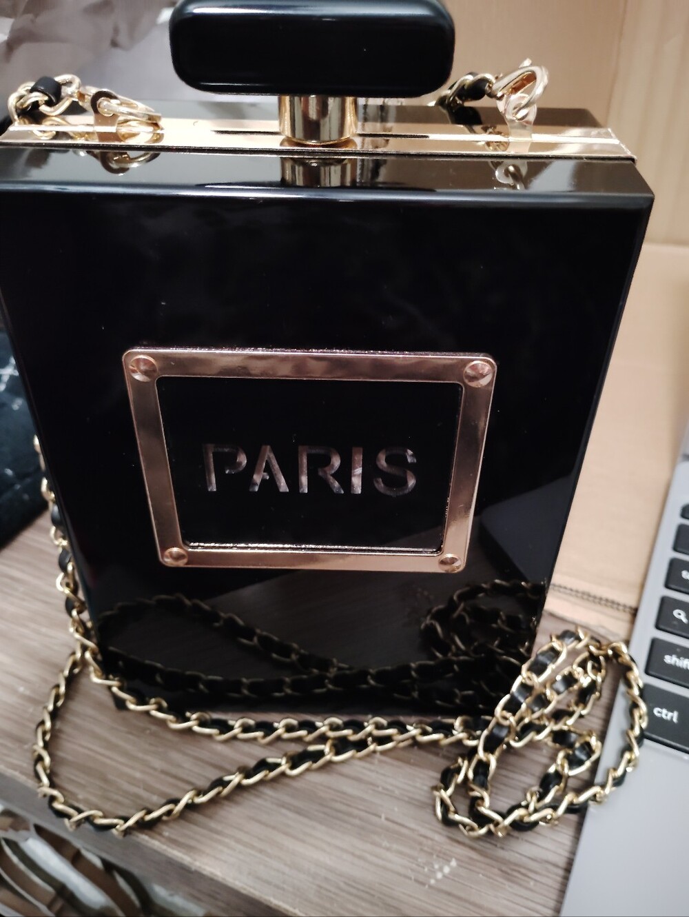 Aris Black Patent Box Clutch with Gold Accent and Chain Worn 1 Time